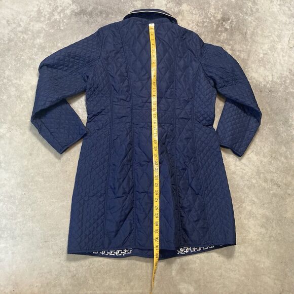 Chicos Jacket Womens 10 Clasic Navy Blue Quilted Elongated Outerwear Leather - Picture 8 of 14
